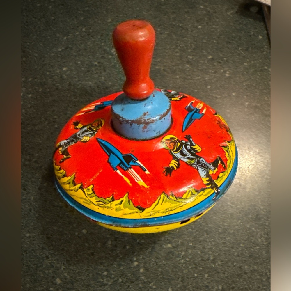 Vintage Buck Rogers Spinning Top Toy 50s 60s Metal & Wood Tin Colorful Ohio Art